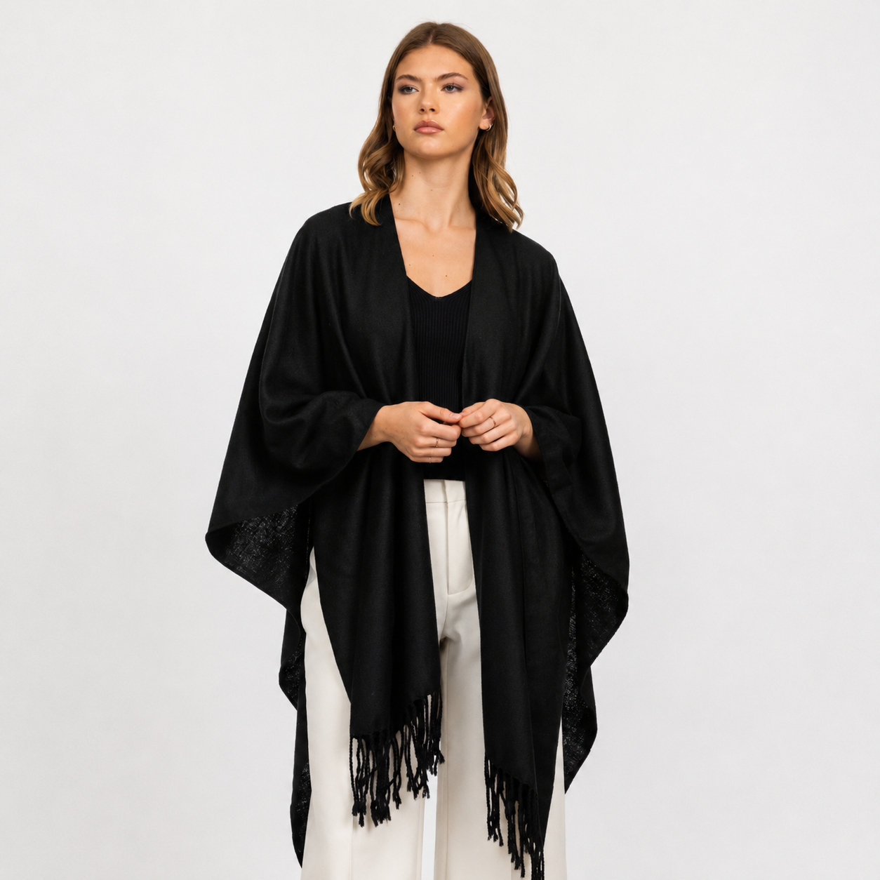 Silk Linen Cover up w. Fringe -Black