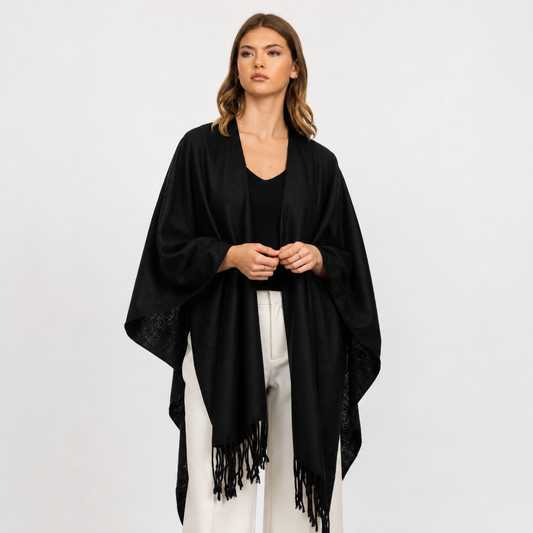 Silk Linen Cover up w. Fringe -Black