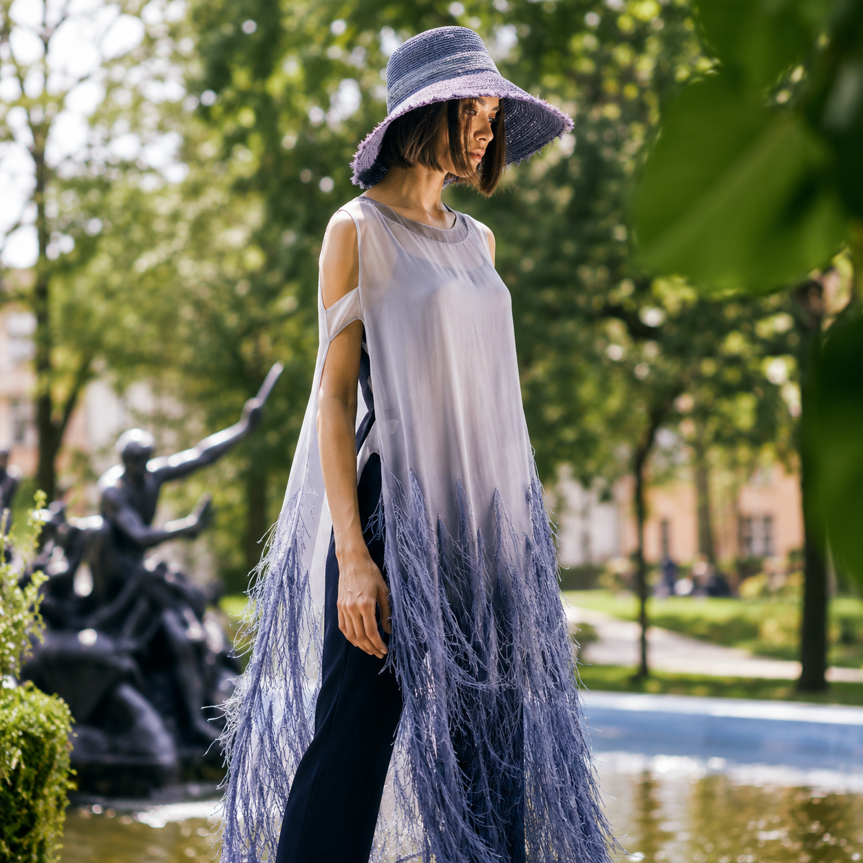 Long Ombre Silk Kaftan w. Jeweled Neckline and Feathers