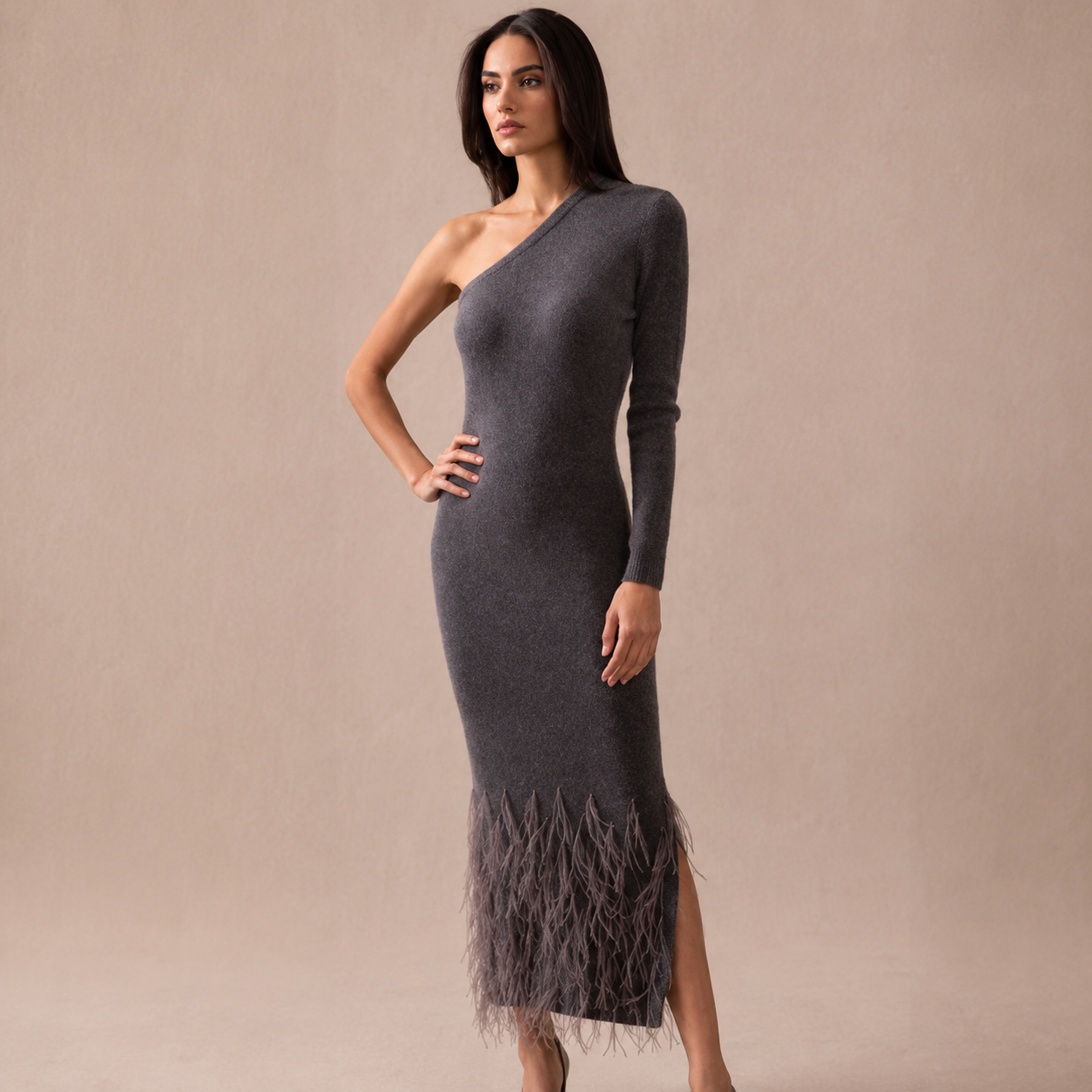 Long Cashmere Asymmetric Dress w. Ostrich Feathers