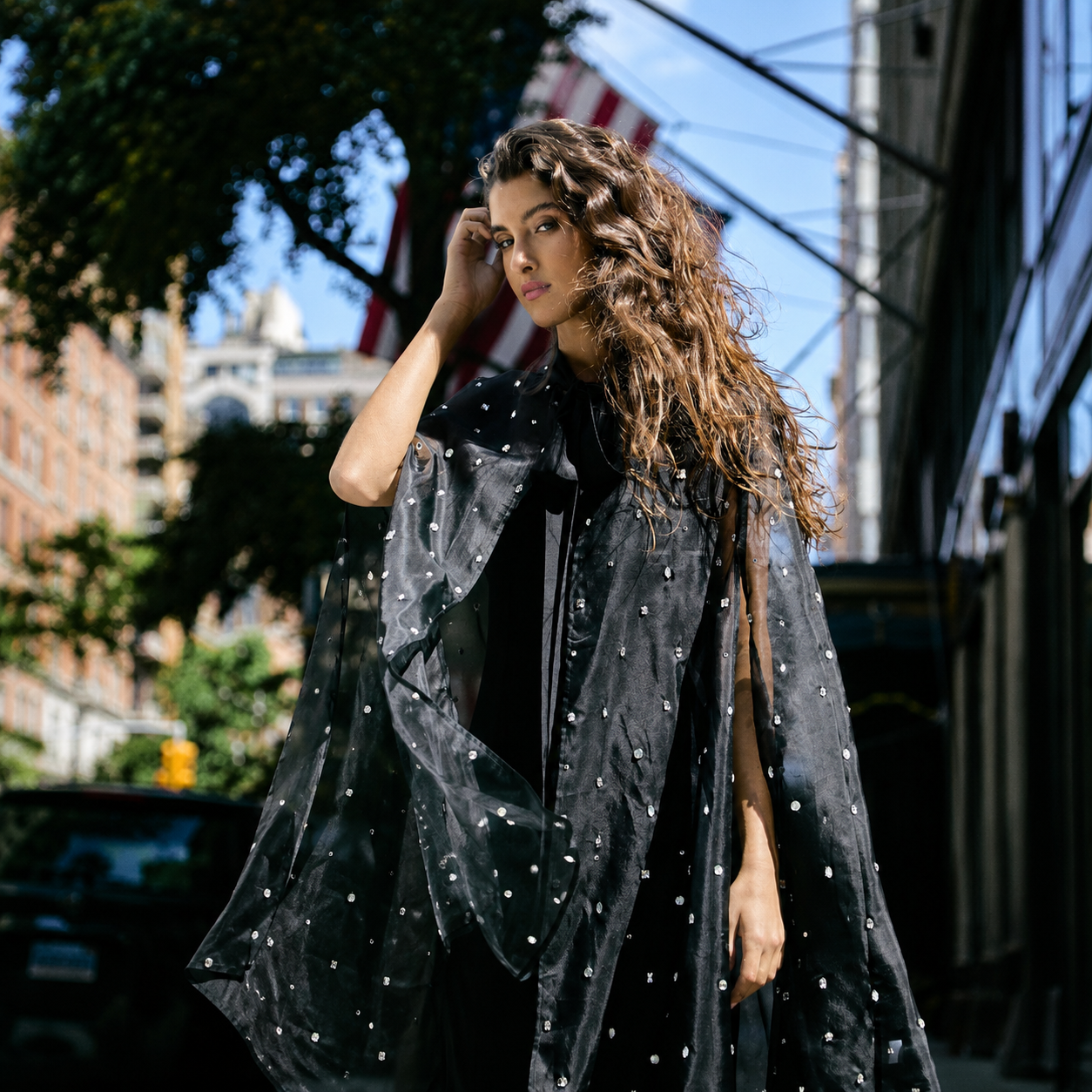 Silk Organza Cape w. Neck Tie and Hand Embroidered Crystals