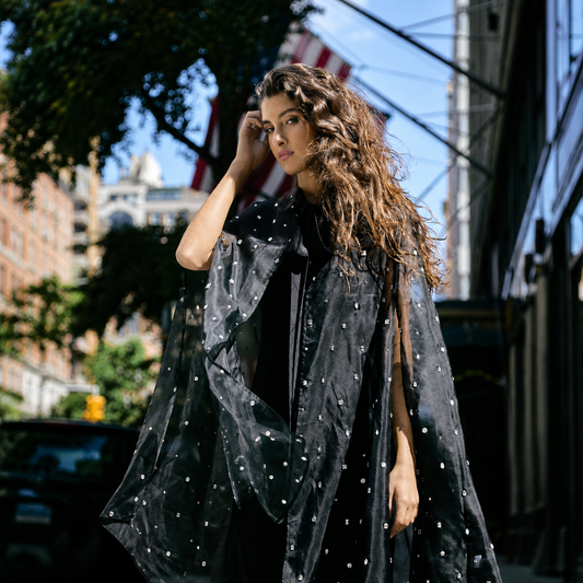 Silk Organza Cape w. Neck Tie and Hand Embroidered Crystals