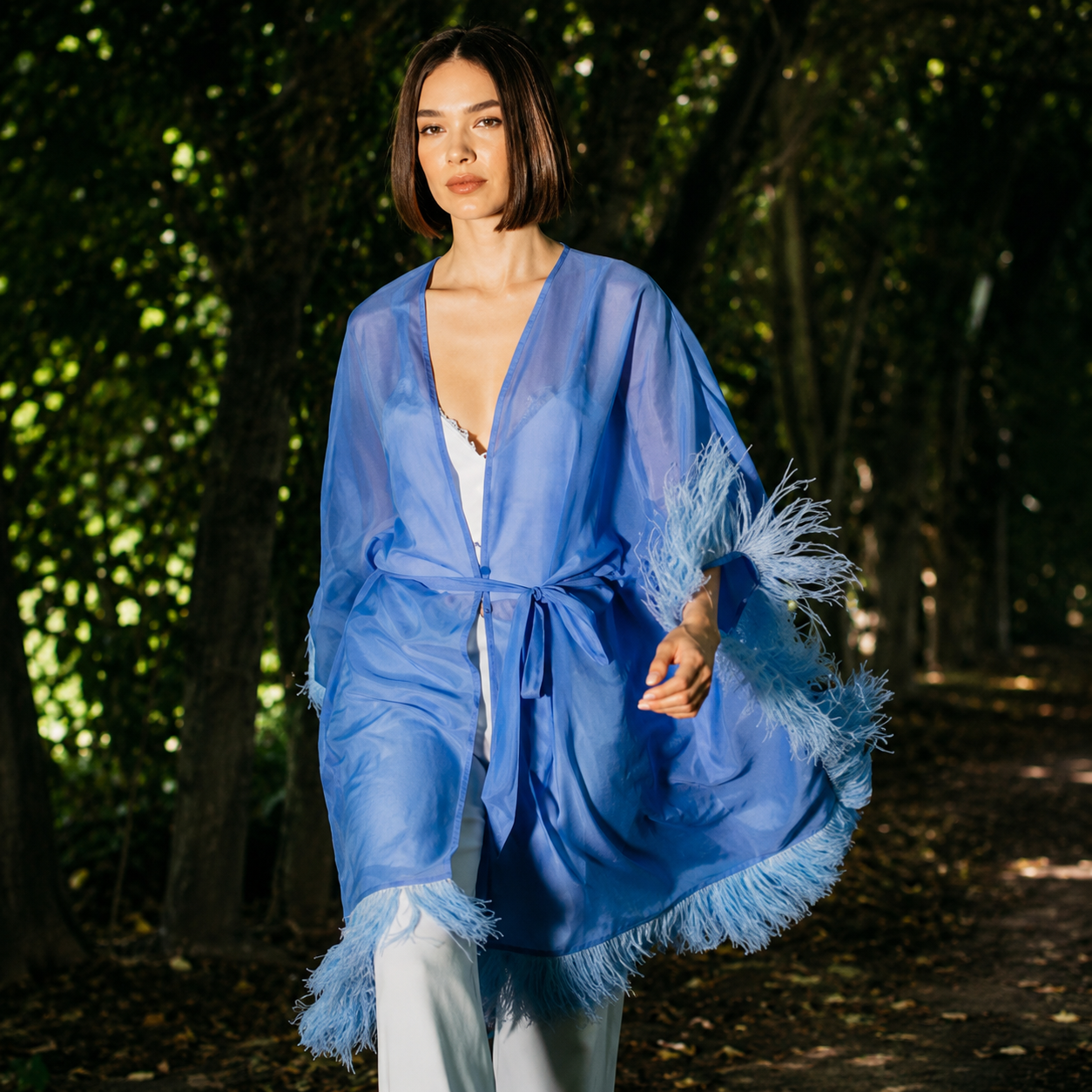 Cotton Kaftan w. Ostrich Feather Trim