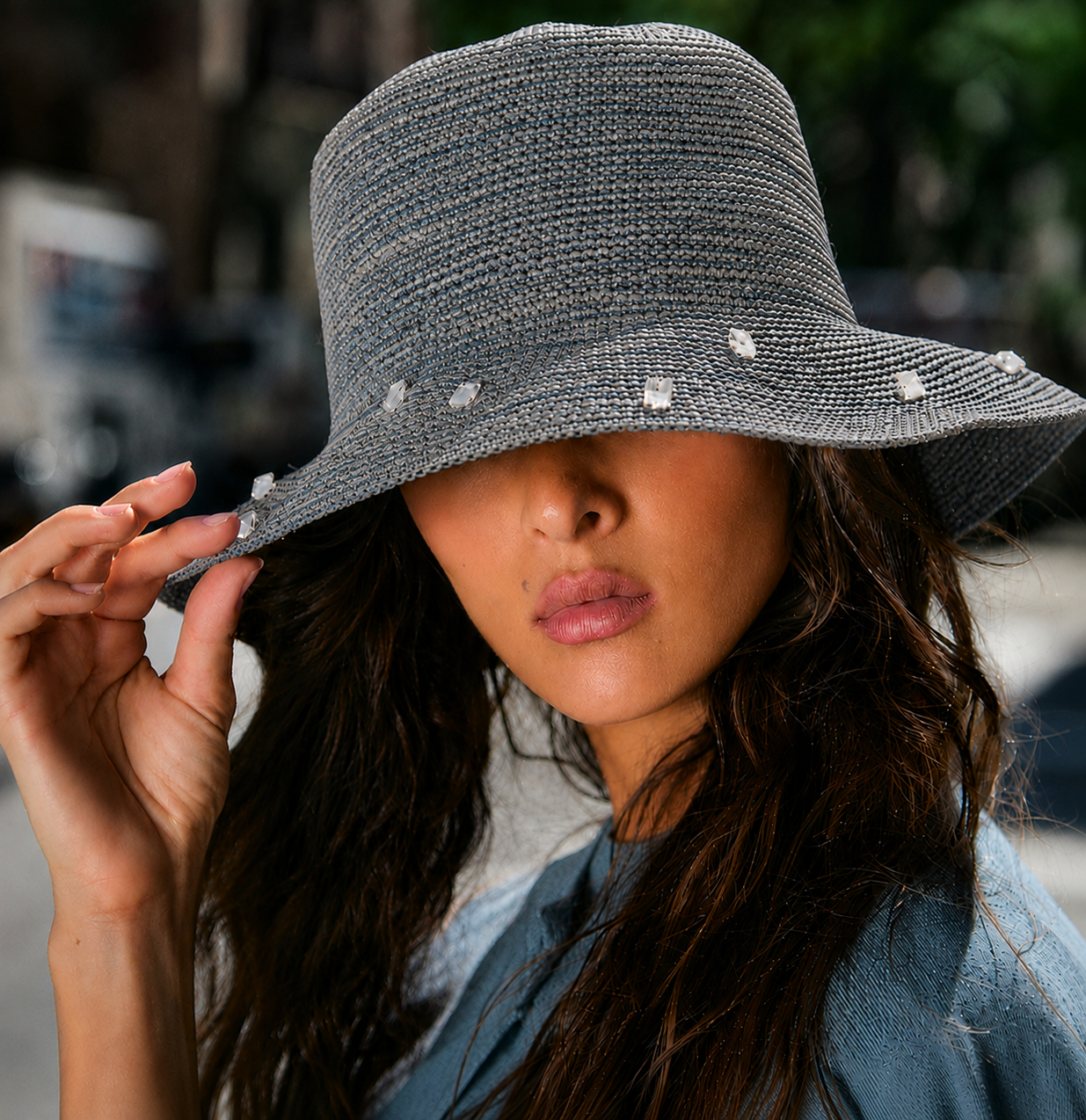 Weekend Raffia Crochet Hat w.  Swarovski Crystals -Sky Grey