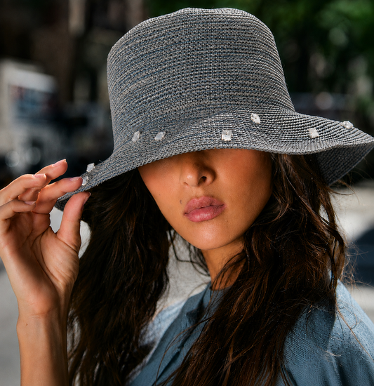 Weekend Raffia Crochet Hat w.  Swarovski Crystals -Sky Grey