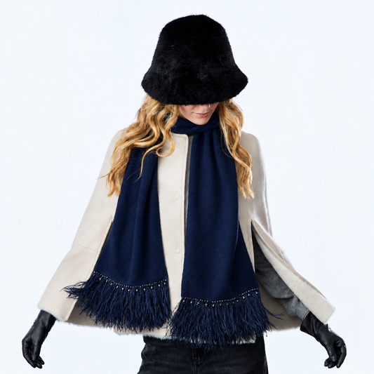 Cashmere Long Scarf w. Ostrich Trim and Pearl Drops- Navy