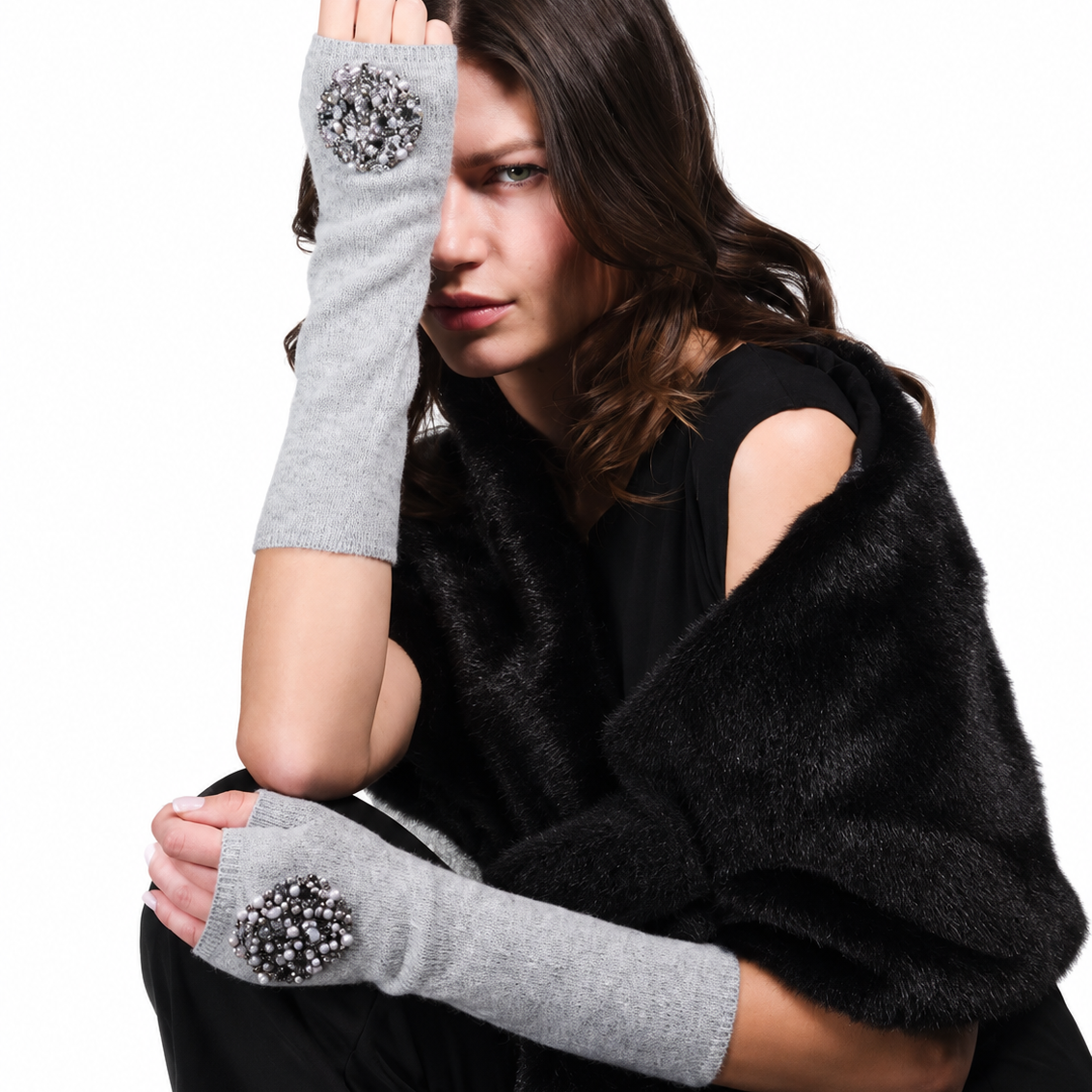 Cashmere Long Fingerless Gloves w. Hand Embroidered Medallion- Light Heather Grey