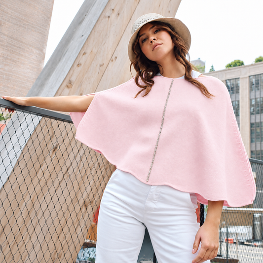 Cashmere Wool Blend Poncho with Rhinestone Stripe - Baby Pink