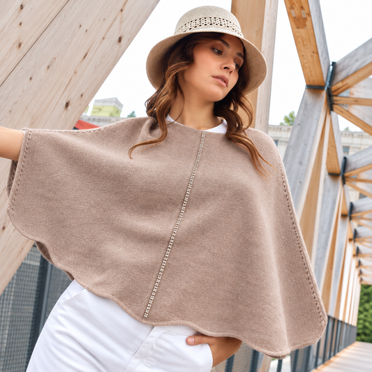 Cashmere Wool Blend Poncho with Rhinestone Stripe - Camel