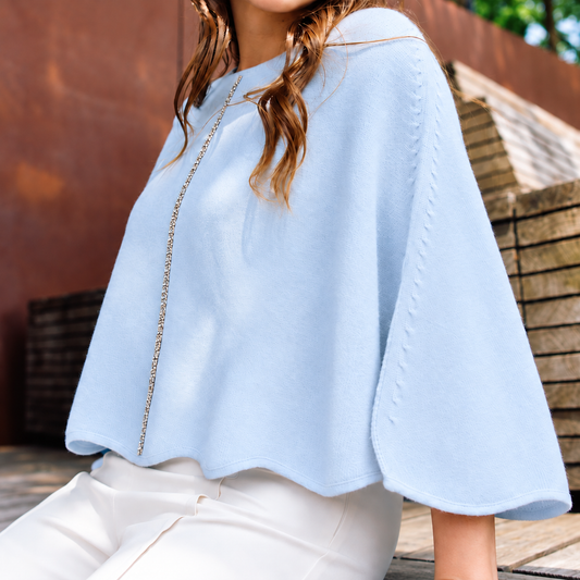 Cashmere Wool Blend Poncho with Rhinestone Stripe - Baby Blue