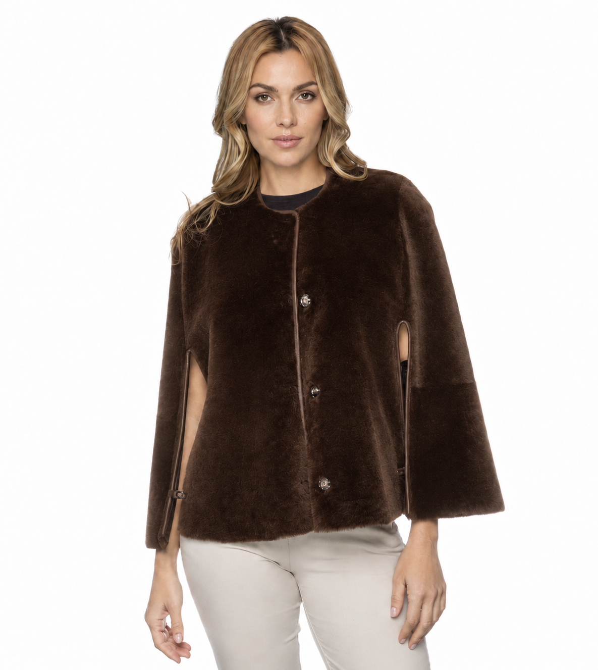 Shearling Reversible Open Front Cape - Brown