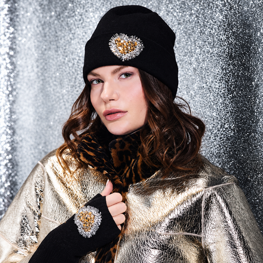 Cashmere Jersey Knit Cuffed Beanie w. Hand Embroidered Gold Heart