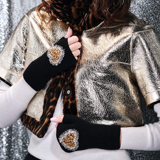 Cashmere Short Fingerless Gloves w. Hand Embroidered Gold Hearts