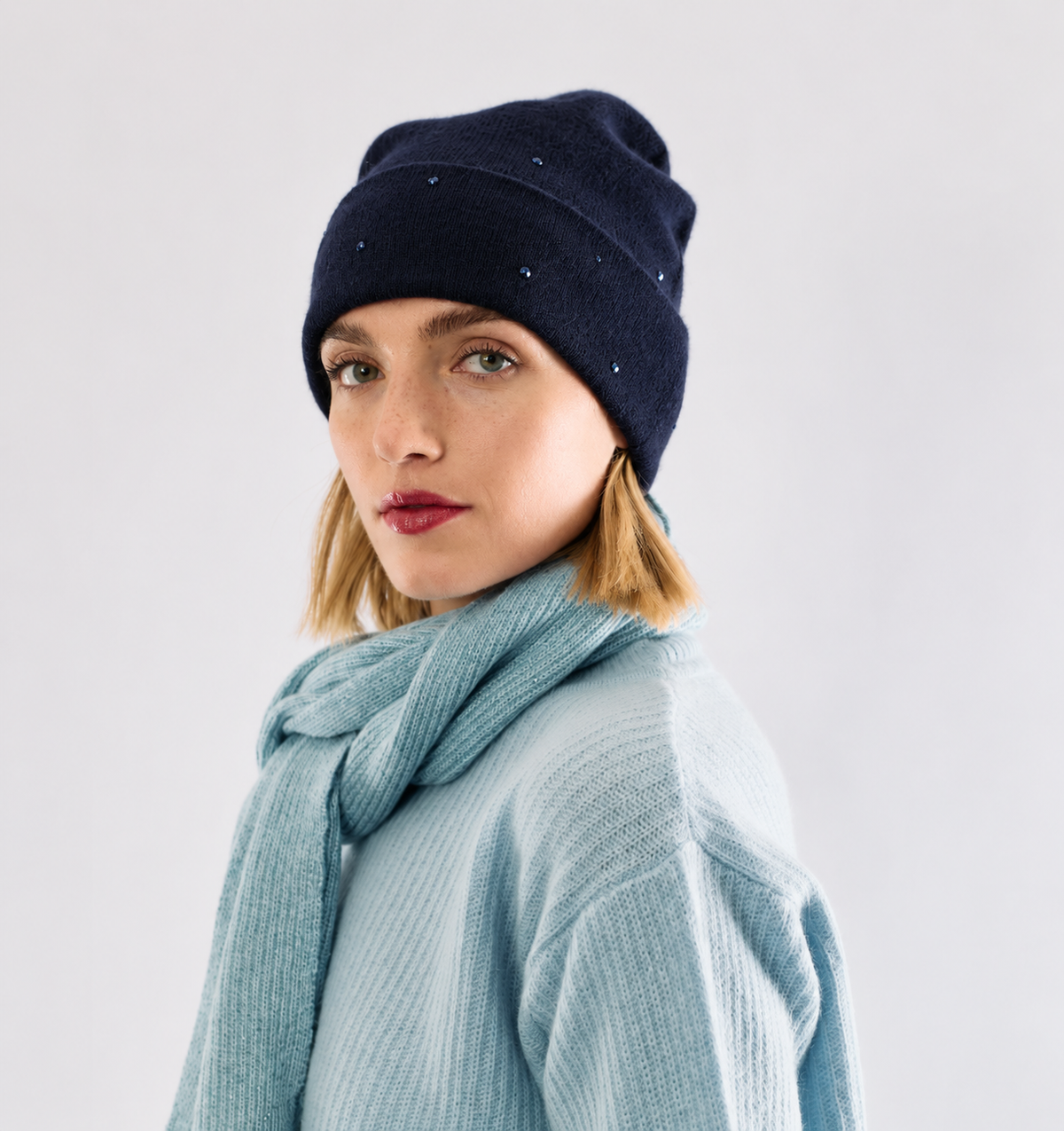 Cashmere Jersey Knit Cuffed Beanie with Scattered Monochromatic Crystals- Navy