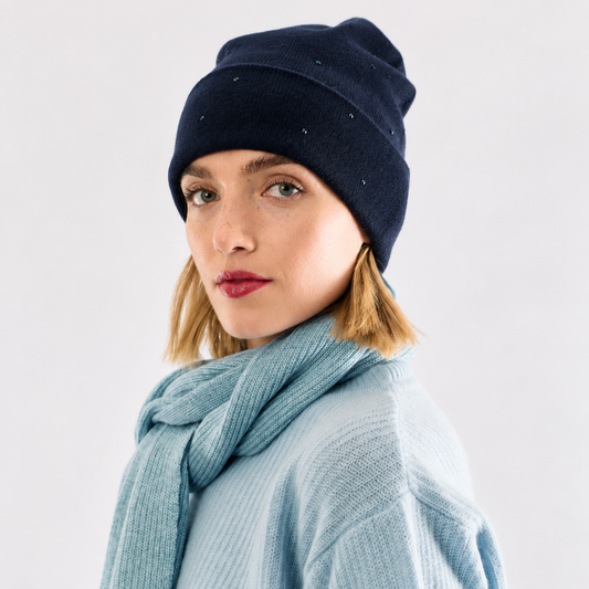 Cashmere Jersey Knit Cuffed Beanie with Scattered Monochromatic Crystals- Navy