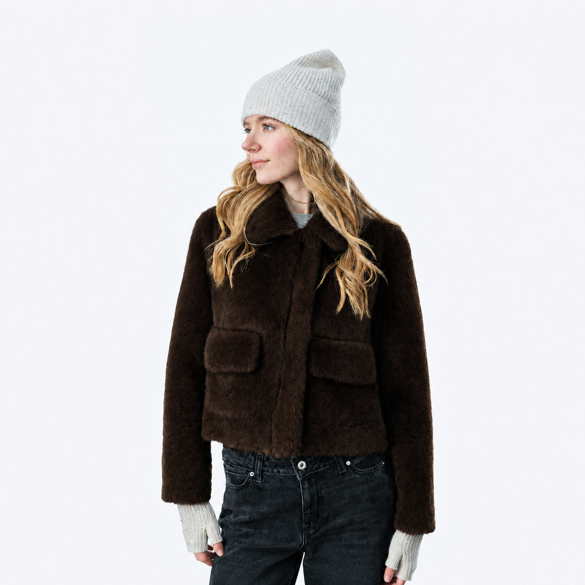 Faux Fur Bomber w. Collar and Patch Pockets- Chocolate Brown