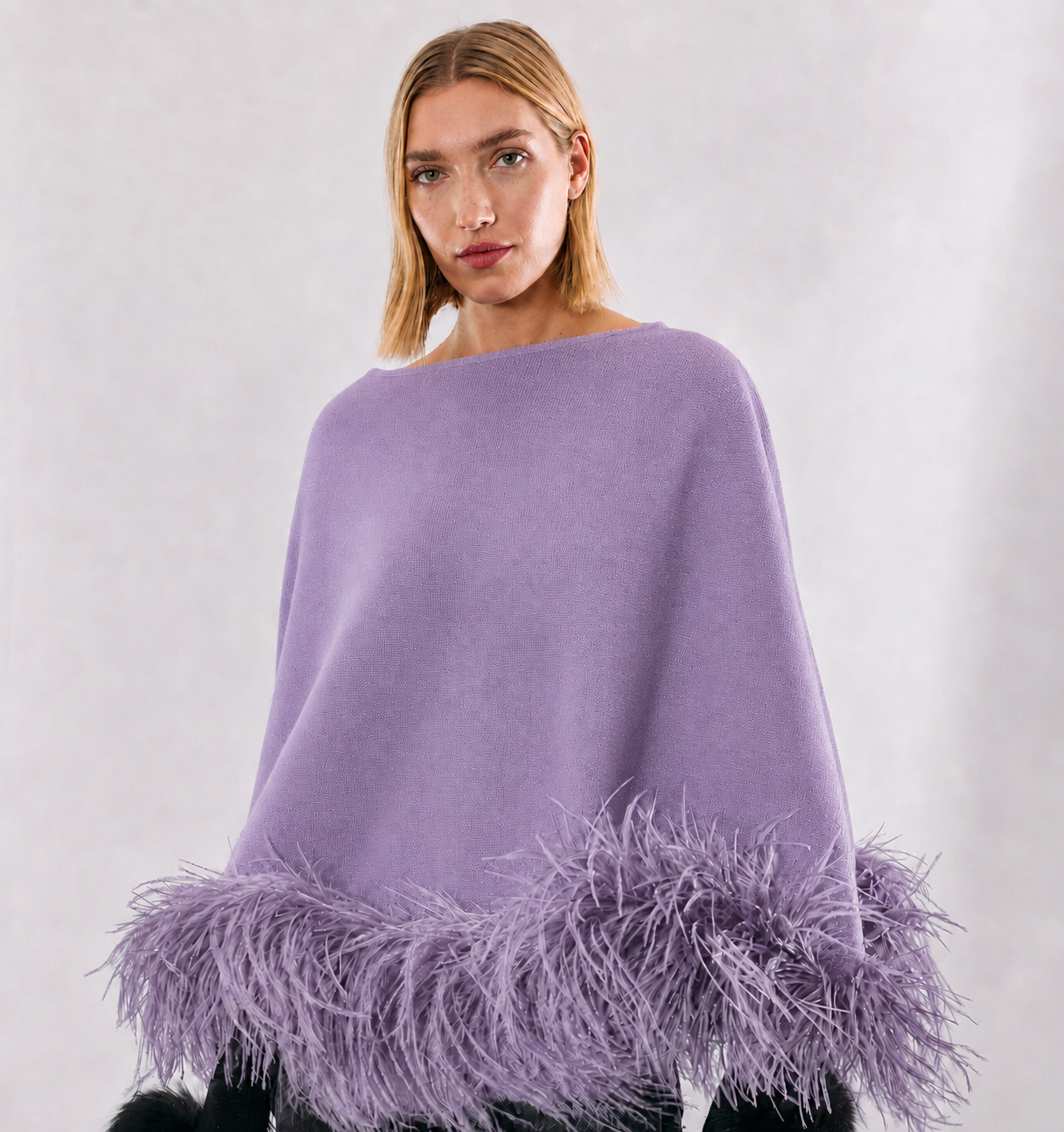 Wool Cashmere Poncho with Ostrich Feather Trim - Purple