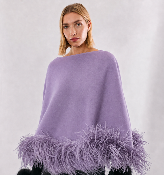 Wool Cashmere Poncho with Ostrich Feather Trim - Purple