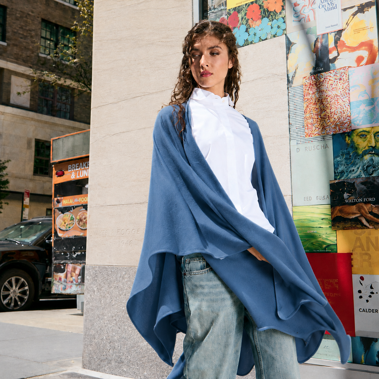 Cashmere Wool Knit Ruana with Scattered Crystals - Denim Blue