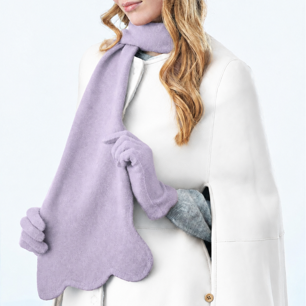 Long Cashmere Knit Scarf w. Scalloped Edges -Lavender