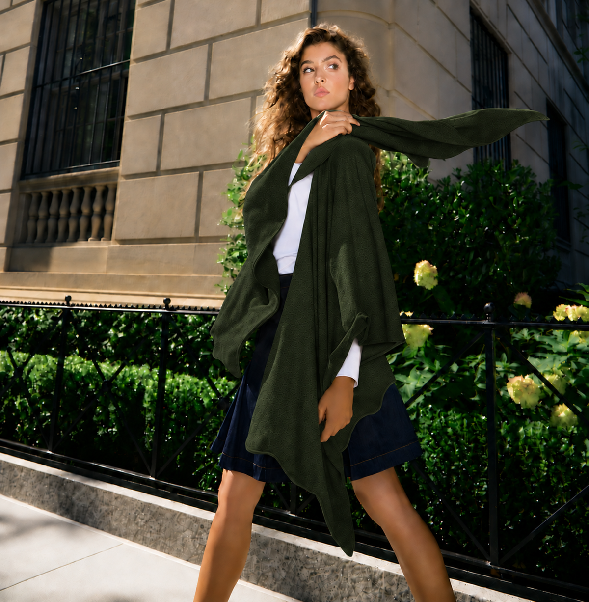 Cashmere Wool Knit Ruana with Scattered Crystals - Green