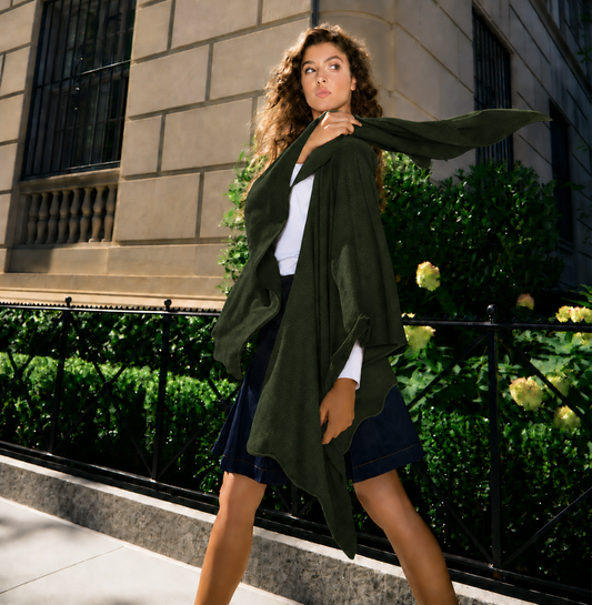 Cashmere Wool Knit Ruana with Scattered Crystals - Green