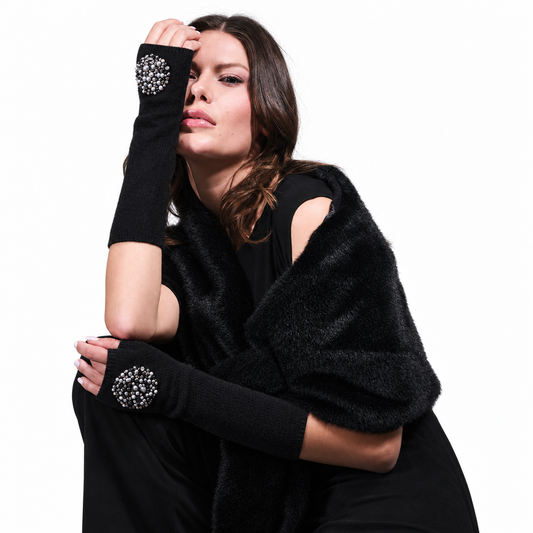 Cashmere Long Fingerless Gloves w. Hand Embroidered Medallion -Black