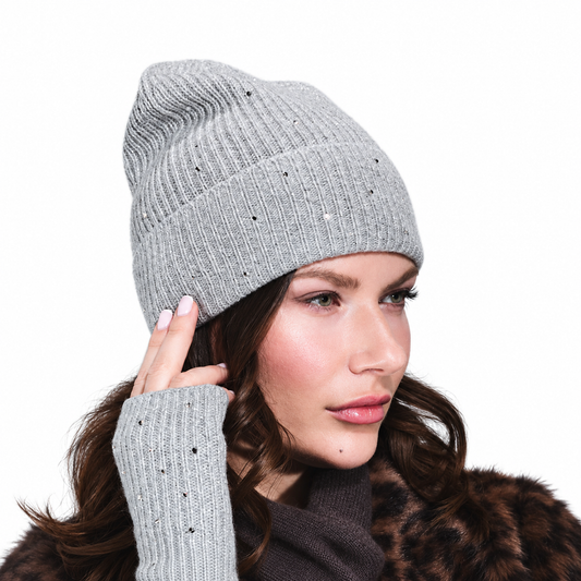 Cashmere and Lurex Ribbed Cuffed Beanie w. Scattered Crystals- Light Heather Grey