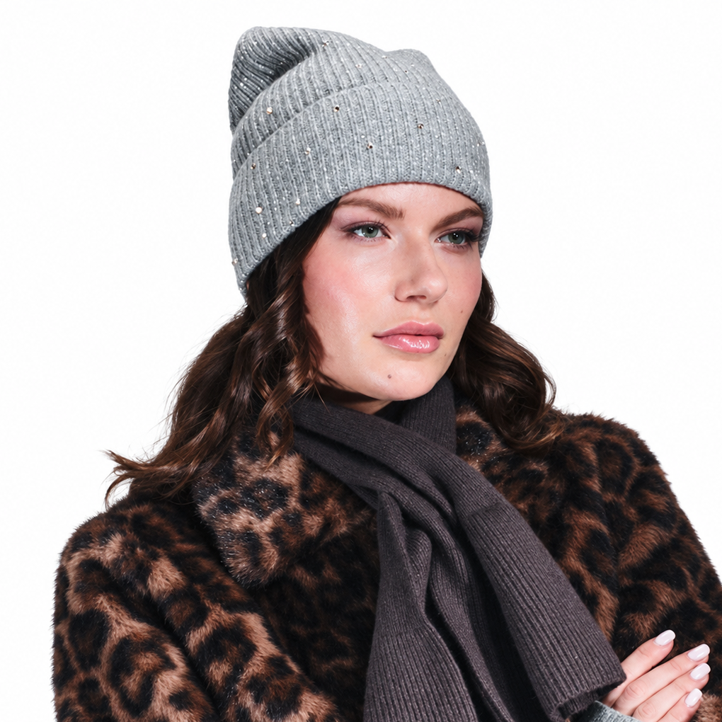 Cashmere and Lurex Ribbed Cuffed Beanie w. Scattered Crystals- Light Heather Grey