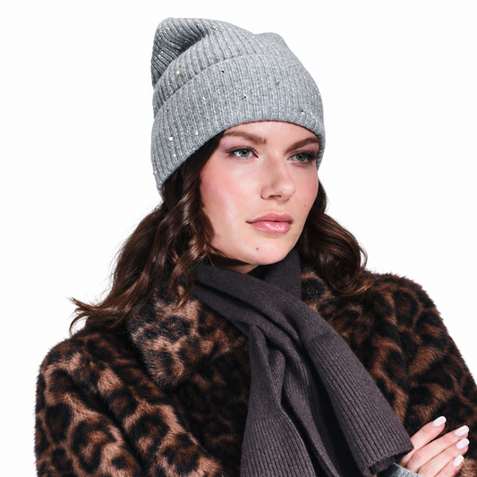 Cashmere and Lurex Ribbed Cuffed Beanie w. Scattered Crystals- Light Heather Grey