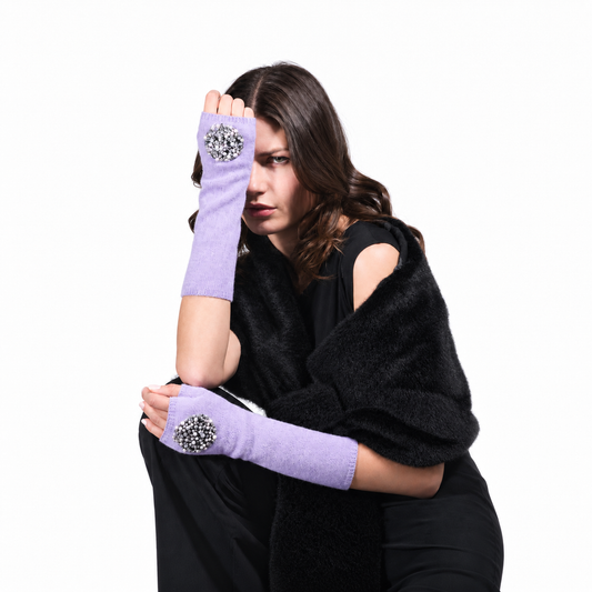 Cashmere Long Fingerless Gloves w. Hand Embroidered Medallion -Lavender