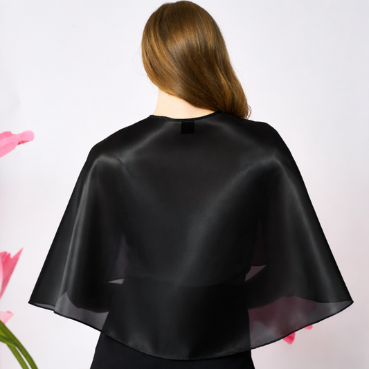 Hi Low Organza Open Front Cape w. Crystal Button - Black
