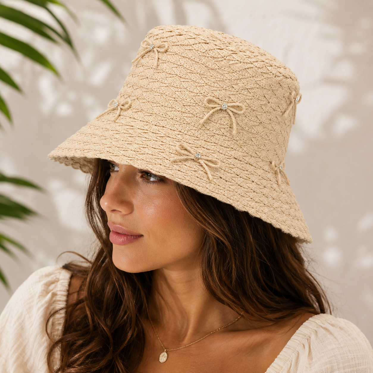 Raffia Hat with Mini Bows and Swarovski Crystals