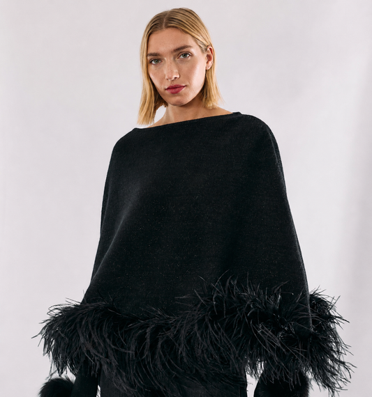 Cropped Cashmere & Lurex Poncho with Ostrich Feather Trim- Black
