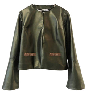 Maxwell Metallic Leather Jacket w. Pave Pockets - Olive