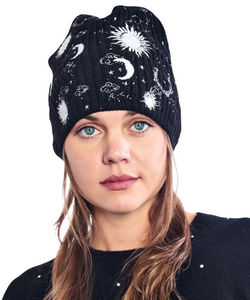 Merino Beanie with Sun and Moon Embroidery