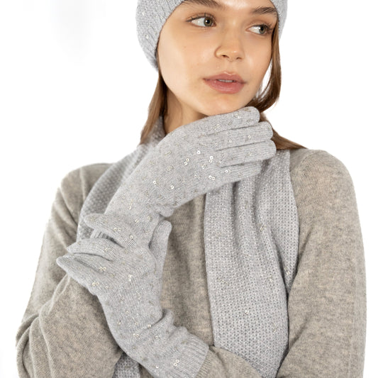 Tweeded Cashmere Sequins Full Finger Gloves - Light Heather Grey