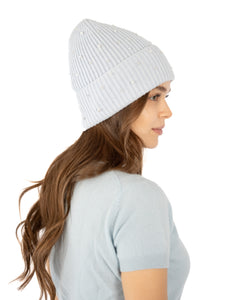 Cashmere Ribbed Cuffed Beanie w. Scattered Crystals & Pearls - Cloud Blue