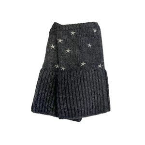 Chunky Short Fingerless Merino Gloves w. Embroidered Stars - Heather Charcoal