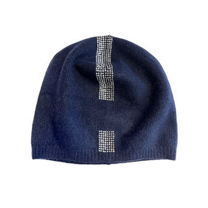 Baggy Cashmere Beanie with Two Tone Stripe - Navy