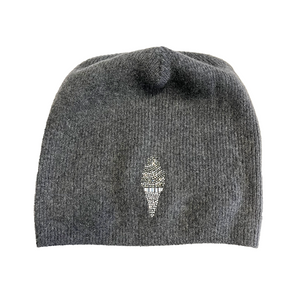 Cashmere Baggy Beanie with Ice Cream Cone Emblem - Stone Grey