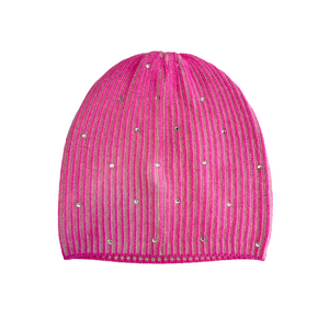 Two Tone Cashmere Baggy Beanie with Scattered Crystals - Hot Pink