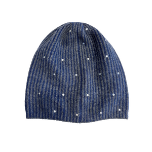 Two Tone Cashmere Baggy Beanie with Scattered Crystals - Denim & Dark Heather Grey