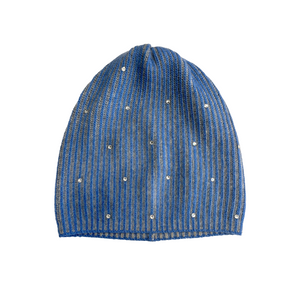 Two Tone Cashmere Baggy Beanie with Scattered Crystals - Pottery Blue & Light Heather Grey