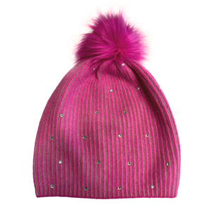 Two Tone Ribbed Beanie w. Pom Pom and Crystals - Hot Pink