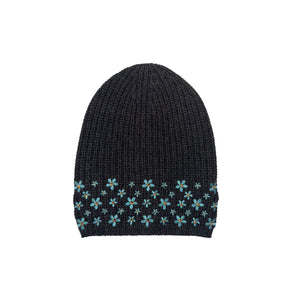 Merino Ribbed Beanie w. Embroidered Flowers Edge w. Stones