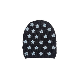 Merino Ribbed Beanie w. Embroidered Flowers w. Stones