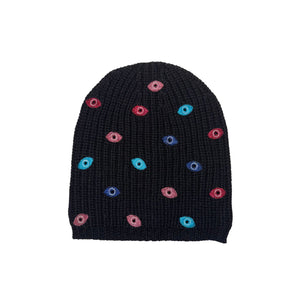 Merino Ribbed Beanie w. Scattered Embroidered Evil Eyes