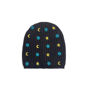 Merino Hat w. Embroidered Moon, Stars, & Evil Eye Flowers