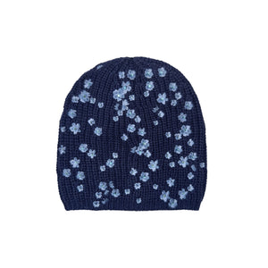 Ribbed Merino Beanie w. Embroidered Flowers